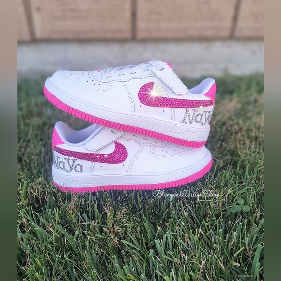 Girls Bling Nike Air Force 1 Low Easy On Personalized Sneakers With Crystals - Picture 5 of 8